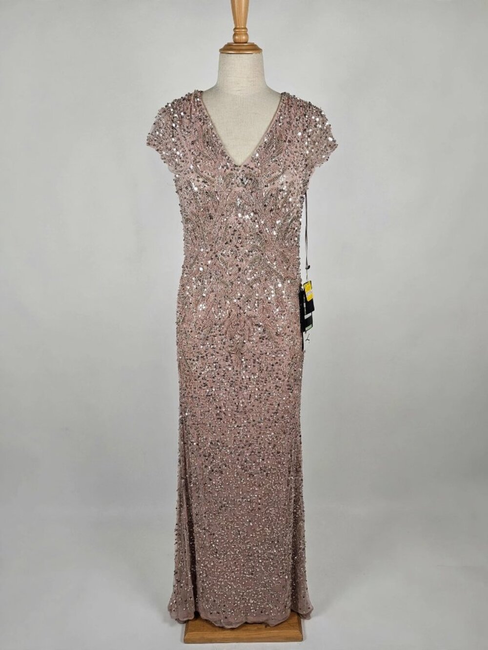 MGNY by Morilee 72523 Dusty Rose Fully Beaded Rose Gold Glass Evening Gown 6 NWT